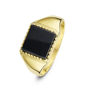 Men's 9ct Yellow Gold, Onyx Stone Square-Shaped Scalloped Edge Signet Ring - Picture 1 of 6