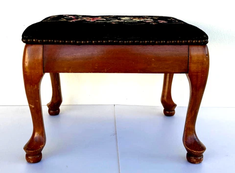 Walnut Wood Hand Carved Antique Footstool Needlepoint Upholstery Cover
