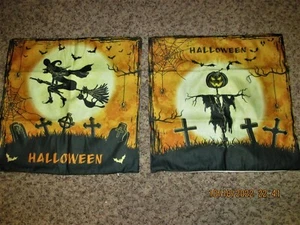 PAIR of HALLOWEEN Throw or Couch Pillow Covers-Scarecrow & Witch - 17in  X 17in - Picture 1 of 12