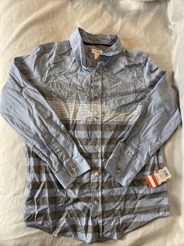 Boys' Long Sleeve Striped Button-down Shirt Cat & Jack Light Blue/gray Sz Large