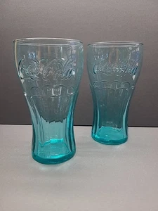 Coca-Cola 16 oz 6" Tall Teal Blue Drinking Glasses Set Of 2 - Picture 1 of 5