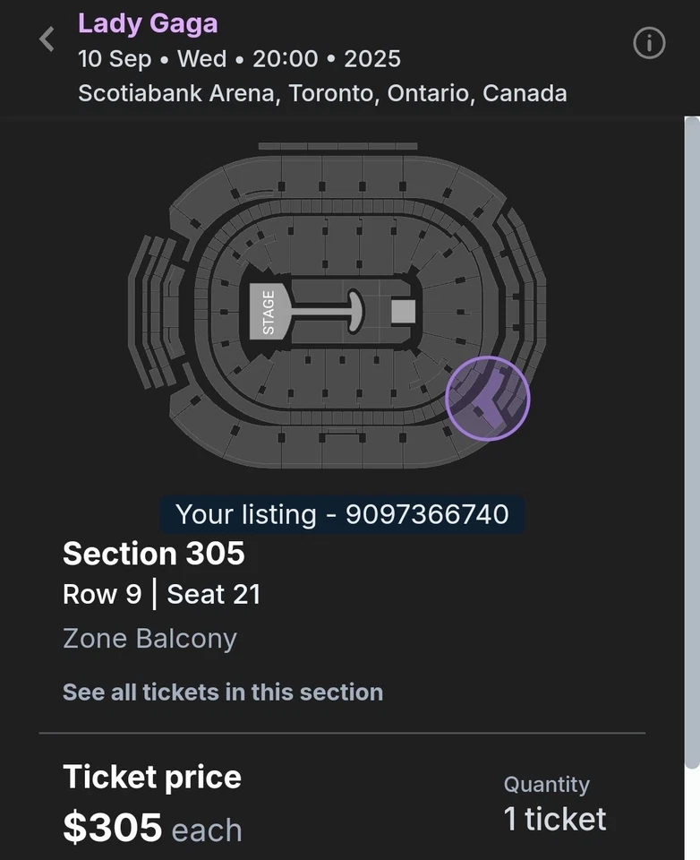 Lady Gaga Mayhem Tour Ticket (1) - Sept 10, Toronto, Canada - Section 305, Row 9 - Image 1 of 1
