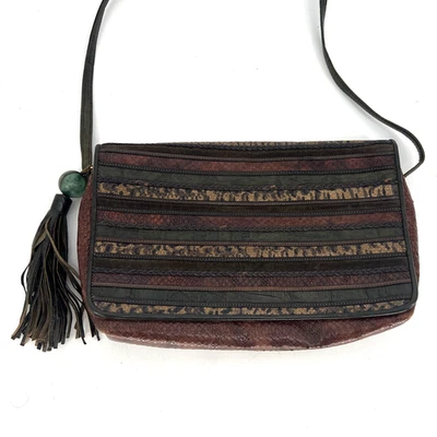 Vtg Sharif Leather Handbag Neutral Safari Animal Print Crossbody Green Brown - Image 1 of 4