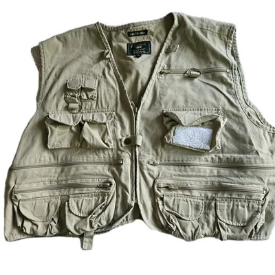 Chaleco de pesca CRYSTAL RIVER para hombre 2XL de lujo caqui 27 bolsillos cremalleras mosca algodón  Foto 1 de 4