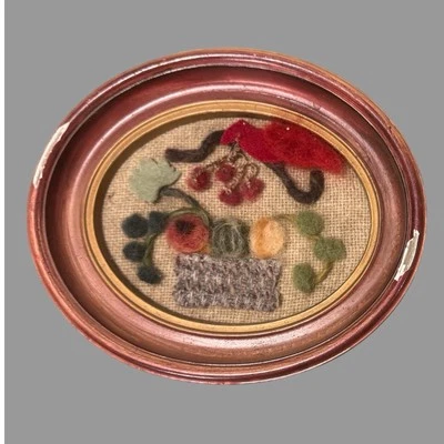 Primitive Antique Country Framed Fruit & Floral Oval Still Life Felt Folk Art - Image 1 of 2