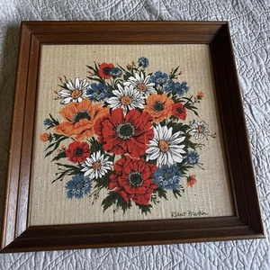Vintage MCM Kay Dee 60’s Floral On Linen Framed Art Flowers Signed Robert Martin - Picture 1 of 9