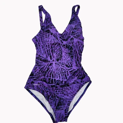 Speedo Mujer 8 Una Pieza Traje de Baño Púrpura Negro Estampado Cuello en V Sujetador Acolchado Top Foto 1 de 4