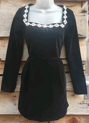 Women's Small Black Velvet Sparkly Rhinestone Formal Midi Cocktail Party Dress - Image 1 of 4