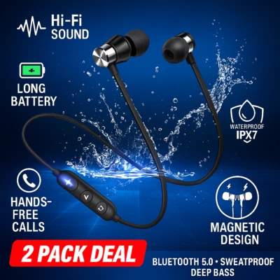 1/2 Bluetooth Neckband Wireless Headphones Mic Headset Stereo Earbuds Earphone - Image 1 of 4