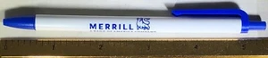 MERRILL LYNCH BLUE & WHITE BALL POINT PEN BULL LOGO POCKET CLIP PUSH BUTTON NEW - Picture 1 of 12