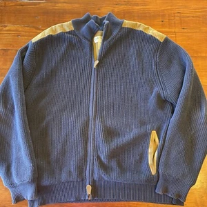 Mens L Orvis Navy Cotton / Blend Full Zip Cardigan Sweater XL Shoulder Patch - Picture 1 of 11