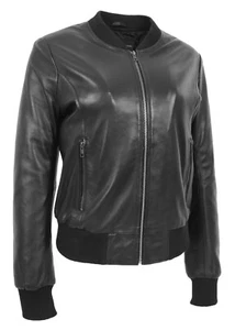Luxurious Black Leather Bomber Jacket For Women Fitted Varsity Zip Fasten Coat - Picture 1 of 7
