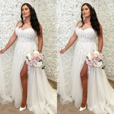 Boho Wedding Dresses One Shoulder Side Slit Beach Tulle A Line Bridal Gown - Image 1 of 4