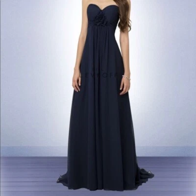 Monique Lhuillier Dama de honor Azul Marino Imperio Cintura Acanalada Línea A Largo Gasa Vestido 0 Foto 1 de 4