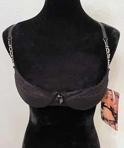 Shirley Of Hollywood Push Up Underwire Bra Medium Black Lace Love Rhinestones - Picture 1 of 12