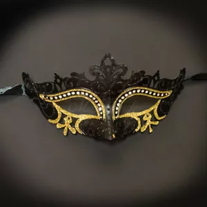Classic Mardi Gras RHINESTONES Masquerade Mask for Women M7105 Black/Gold - Picture 1 of 4