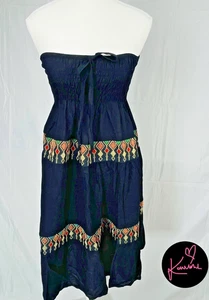 Smocked Strapless Sun Dress Boho Embroidered  Black Size S - L - Picture 1 of 6