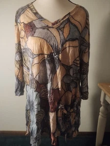Shana moderne geblümte schiefergrau/braune Damen V-Ausschnitt Tunika Gr. S Boho künstlerische Tasche - Bild 1 von 8