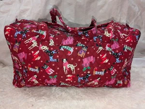 Vera Bradley Large Travel Duffel Bag Holiday Hounds Red Quilted Cotton With Zipp - Picture 1 of 8