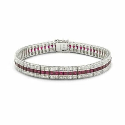 Vivid Pink Princess Cut Lab Created Ruby Two Outer Lines White Stone Bracelets - Image 1 of 4