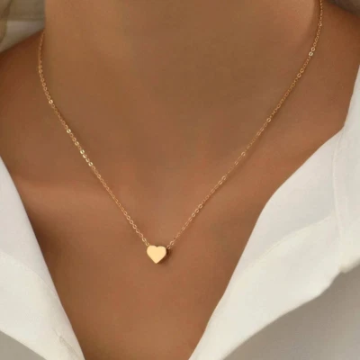 Womens Necklace Love Heart Pendant Gold Plated Stainless Steel Daily Jewelry New - Image 1 of 4