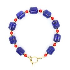 Big Bead Blue Lapis Lazuli & Red Coral Bracelet with Gold Filled Toggle Clasp