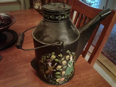 NORTHERN PACIFIC RAILWAY OIL CAN WITH FOLK ART COURTSHIP TOLEWARE SIGNED JACQUIE - Image 1 of 4
