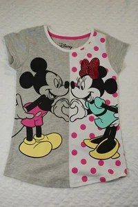 Girls T-Shirt MINNIE & MICKEY MOUSE Hand Heart GRAY Pink Dots SIZE XS S M L XL - Picture 1 of 1