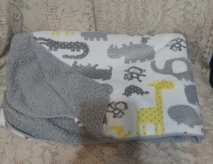 Circo Jungle Safari Zoo Animal Blanket Gray White Yellow Sherpa Rhino Monkey - Picture 1 of 3