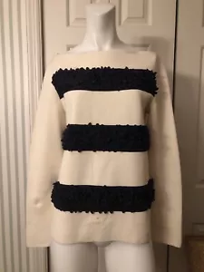 Tory Burch Pullover Tunika S Relaxed Fit U-Boot Ausschnitt Creme Navy Seide Blütenblätter - Bild 1 von 8