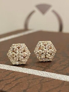 Pave 0.53 Cts Round Brilliant Cut Diamonds Stud Earrings In 585 Stamped 14K Gold - Picture 1 of 12