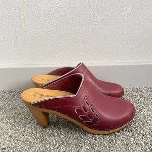 Zoccoli vintage rosso bordeaux pelle legno tacco mules scarpe donna comode boho 38 - Foto 1 di 8