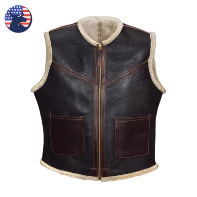 Hombres C3 Aviador Piel de Oveja Cuero Chaleco Piel de Oveja Real Bombardero Invierno Cálido Foto 1 de 4