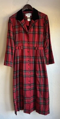 Vintage Maxi Button Up Jacket Coat Dress 14 P Academia Equestrian Plaid Velvet - Image 1 of 4