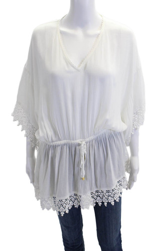 Camicetta donna Tory Burch scollo a V orlo in pizzo manica corta cravatta in vita bianca taglia S