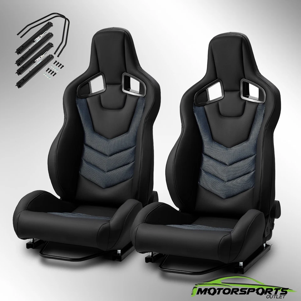 Universal Black+Blue Stylish Mesh PVC Reclinable Racing Seats Pair W/Slider Foto 1 de 4