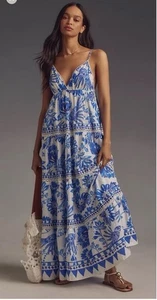 Farm Rio geblümte Vögel Maxikleid blau Blumen Stufen Größe M NEU neu mit Etikett $ 255 - Bild 1 von 5