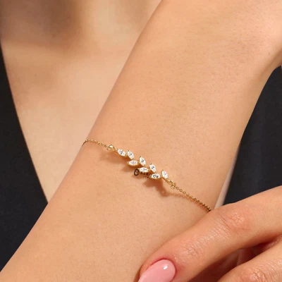 0.80 Ct Lab Grown Diamond Leaf Bracelet, 14K Gold Chain Floral Bracelet  F+, VS+ - Image 1 of 4