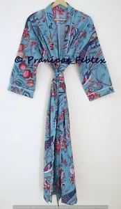 Pájaro Pavo Real Estampado Gris Hecho a Mano Algodón Kimono BeachCoverup Ropa... - Imagen 1 de 5