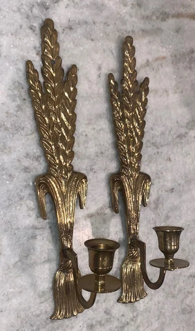 Vintage PR Wheat Sheaves & Tassel Brass Gold Metal Candle Sconces 13.25”T 2.5”W Cover