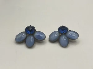 Vintage Blue Moonstone & Blue Rhinestone Prong Set Gold Tone Clip Earrings - Picture 1 of 5