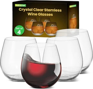 15Oz Stemless Wine Glasses - Set of 4 Ultra Thin Elegant Red & White Wine Clear - Picture 1 of 7