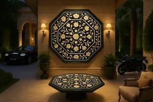 100% Original Stone I Black Marble Inlay Coffee Table Top Mother Of Pearl Inlaid - Picture 1 of 14