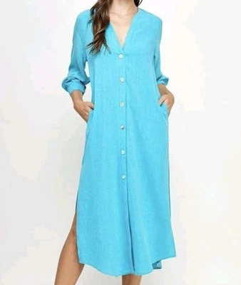 NEW Ellison Anthropologie Women S Aqua Blue Linen Rayon Maxi Shirt Dress Pockets - Image 1 of 4