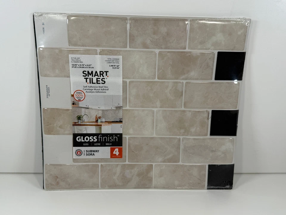 Smart Tiles Gloss Self Adhesive Wall Tiles-subway Sora 4 PK 3d Peel/stick