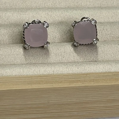 Pendientes de cuarzo rosa corte cojín ajuste cuerda plata y oro cierre Omega - NUEVO Foto 1 de 4