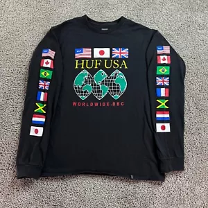 Huf Shirt Mens M Black World Flag Long Sleeve Print USA Skater Skateboarding - Picture 1 of 8