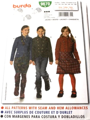 Burda 9670 Girls / Juniors 3 Jackets 7-8-9-10-11-12 (13 Jr) Sewing Pattern - Image 1 of 2