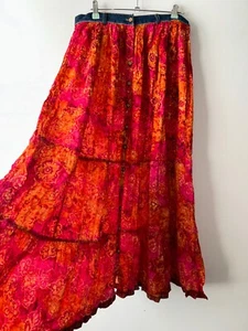 Cotton Skirt Button Front Long Pink Orange Floral Vintage Size 12 Bohemian Retro - Picture 1 of 11