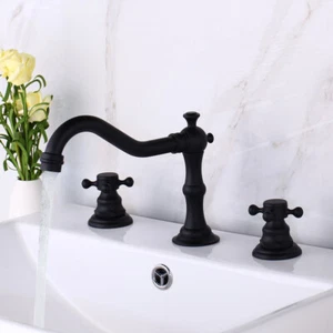 3 Stück Badezimmer Waschtisch Wasserhahn Schwarz Doppelgriffe Messing Mischbatterie Deckmontage Waschtischarmatur - Bild 1 von 8
